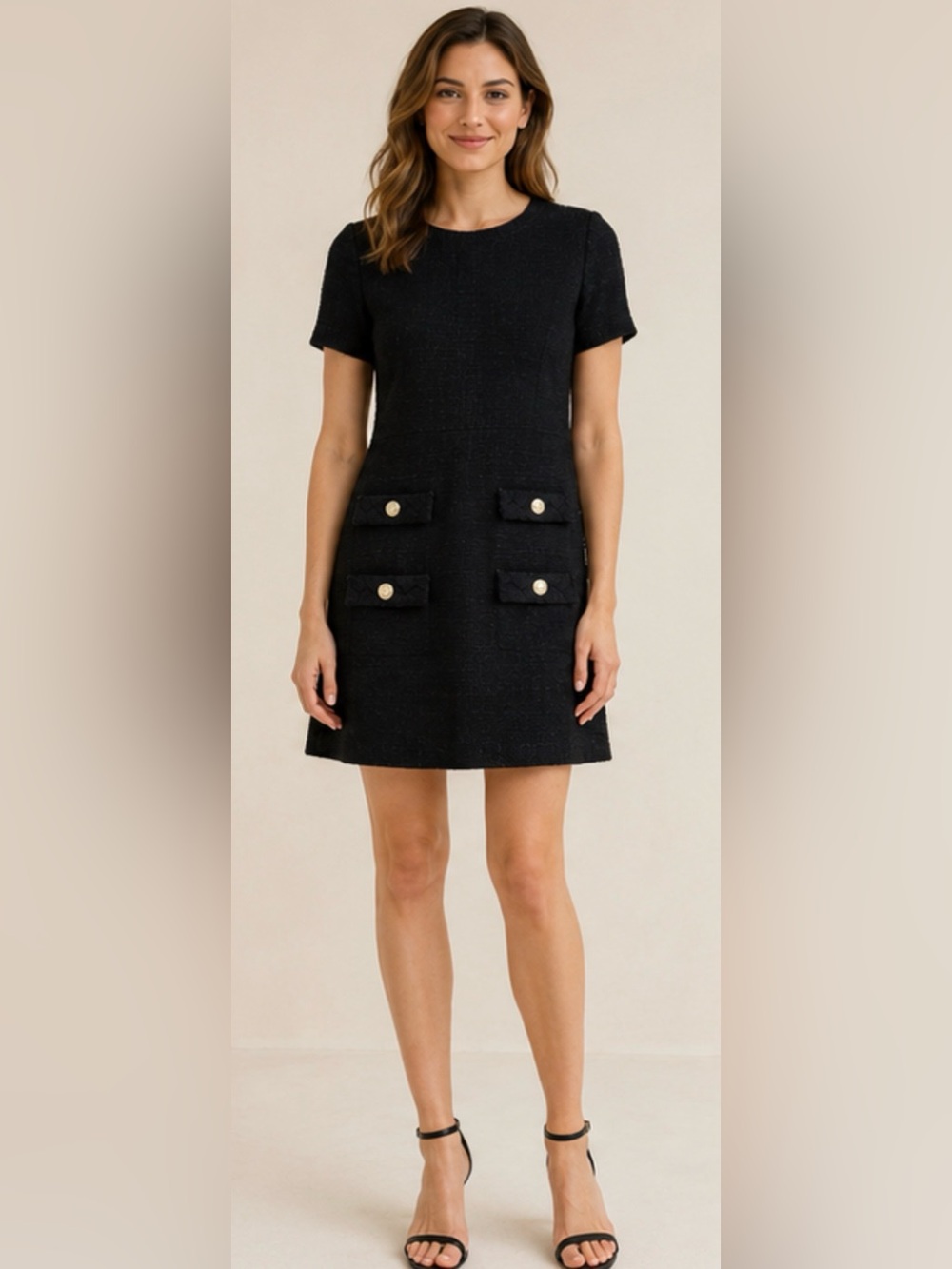 Black Tweed Gold Button Bow Pocket A-Line Shift Mini Dress XL